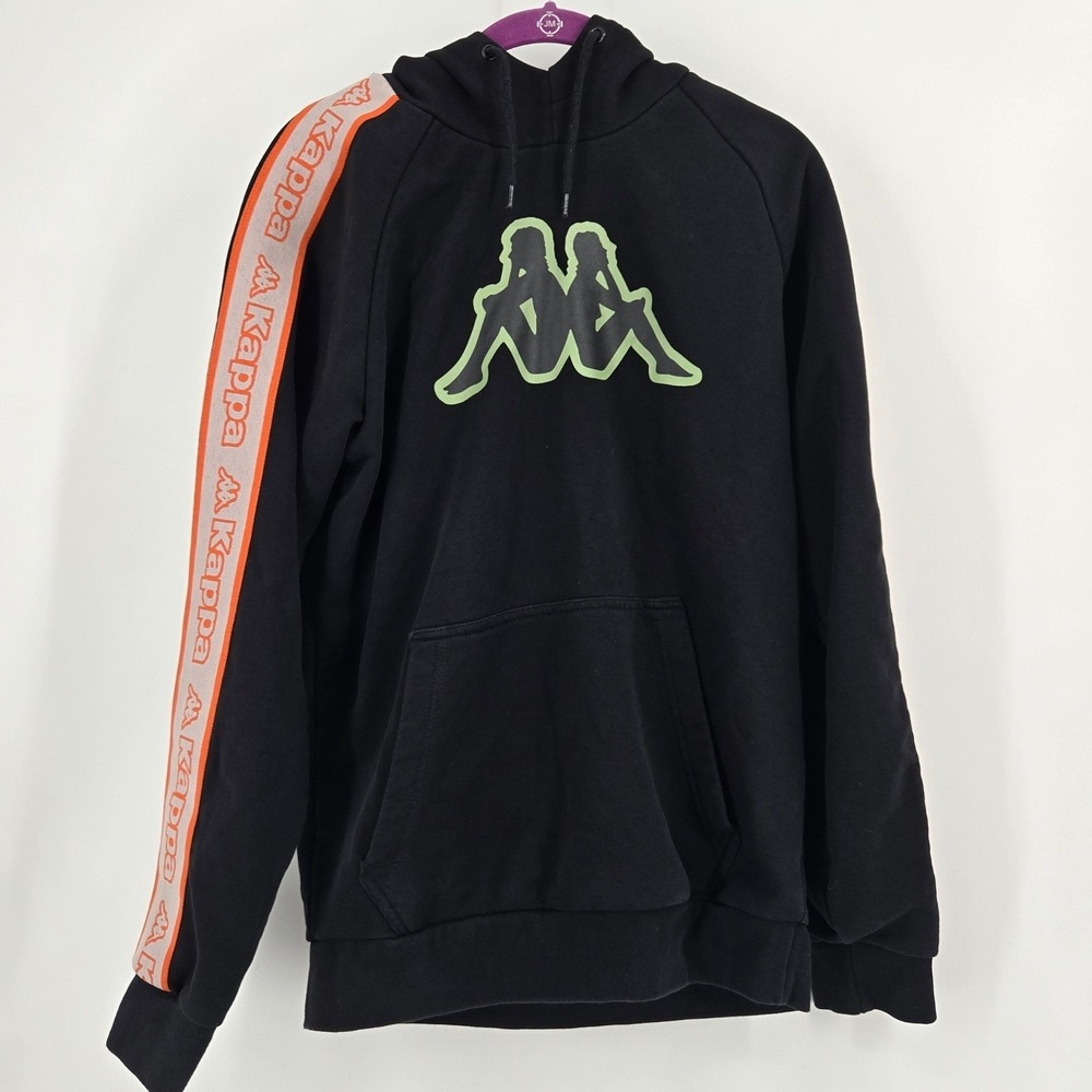 Kappa Logo Tape Apet 2 Hoodie Black Orange Neon Green Banda Pullover Medium VGUC